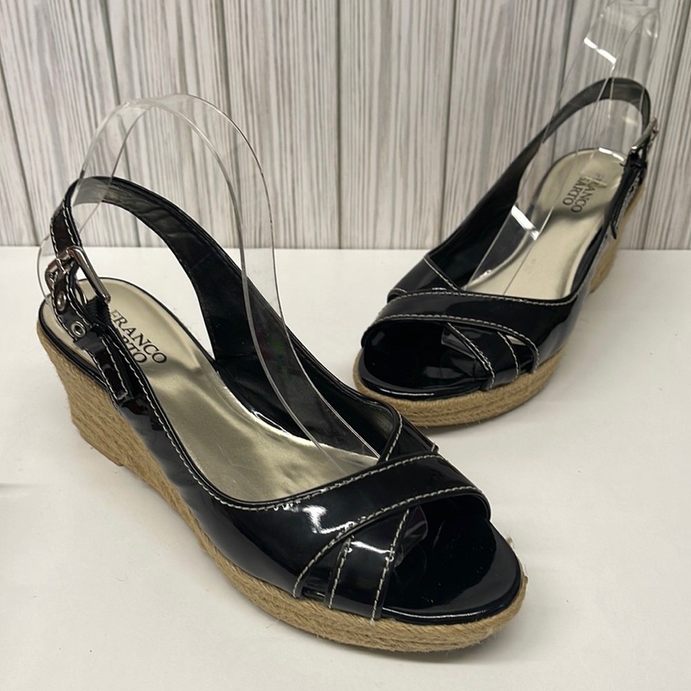 Franco Sarto Black Patient Leather Comedy Open Toe Sling Back Wedge Heels SZ 9